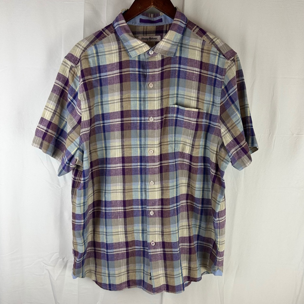 Tommy Bahama Mens Large Purple Plaid IslandZone Linen Blend Short Sleeve Shirt